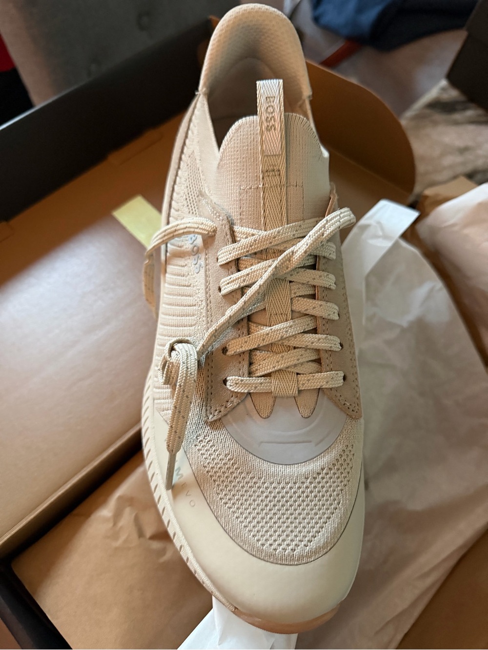 Hugo Boss Beige Knit and Leather Trainer Sneakers